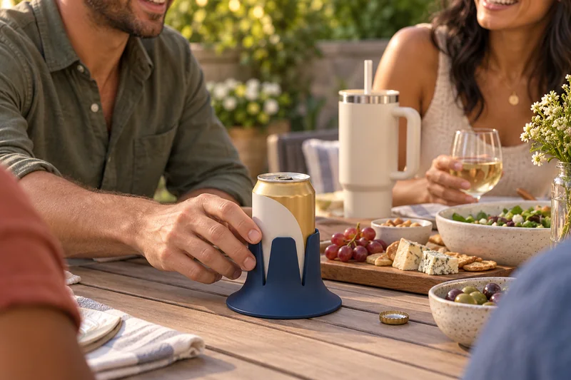 Adult backyard meal standard twelve ounce opened beer can on broad patio table near hand. AI lifestyle illustration.