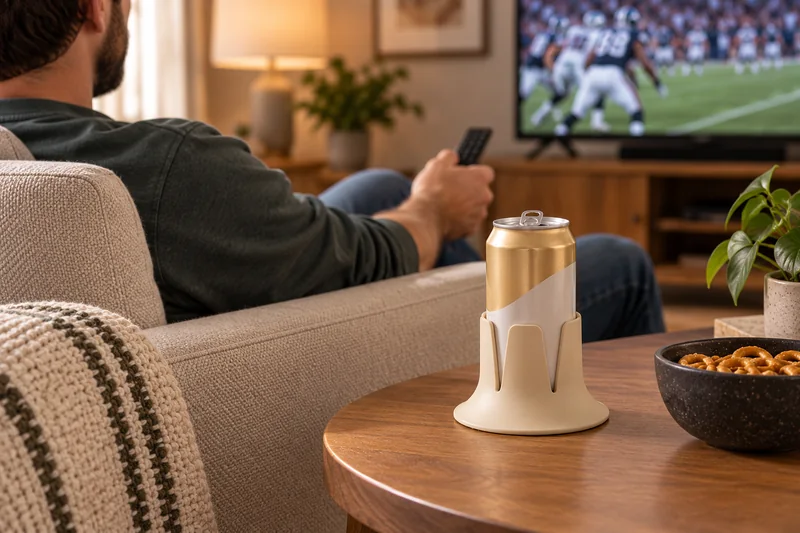 Adult watching sports at home beer can on broad solid side table beside armchair. AI lifestyle illustration.