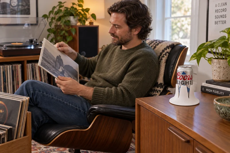 Adult listening to records in living room with opened standard 12-ounce beer can in Steadi on broad level sideboard beside listening chair away from record handling area. AI illustration.
